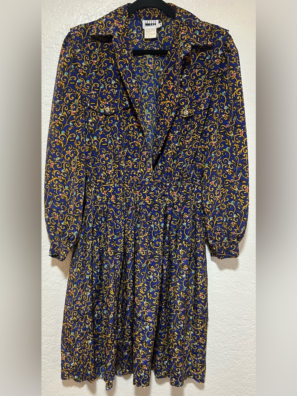 Vintage Leslie Fay Navy Blue & Gold Swirl Long Sleeve Dress